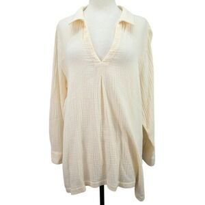 Soft Surroundings Waffle Knit Long Sleeve Collared Top Thermal Tunic Yellow 1X